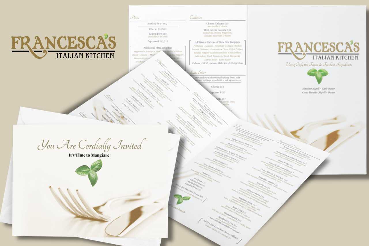 Brand identity for francesca's italian kitchen, including logo design and cohesive brand elements for an authentic italian dining experience.