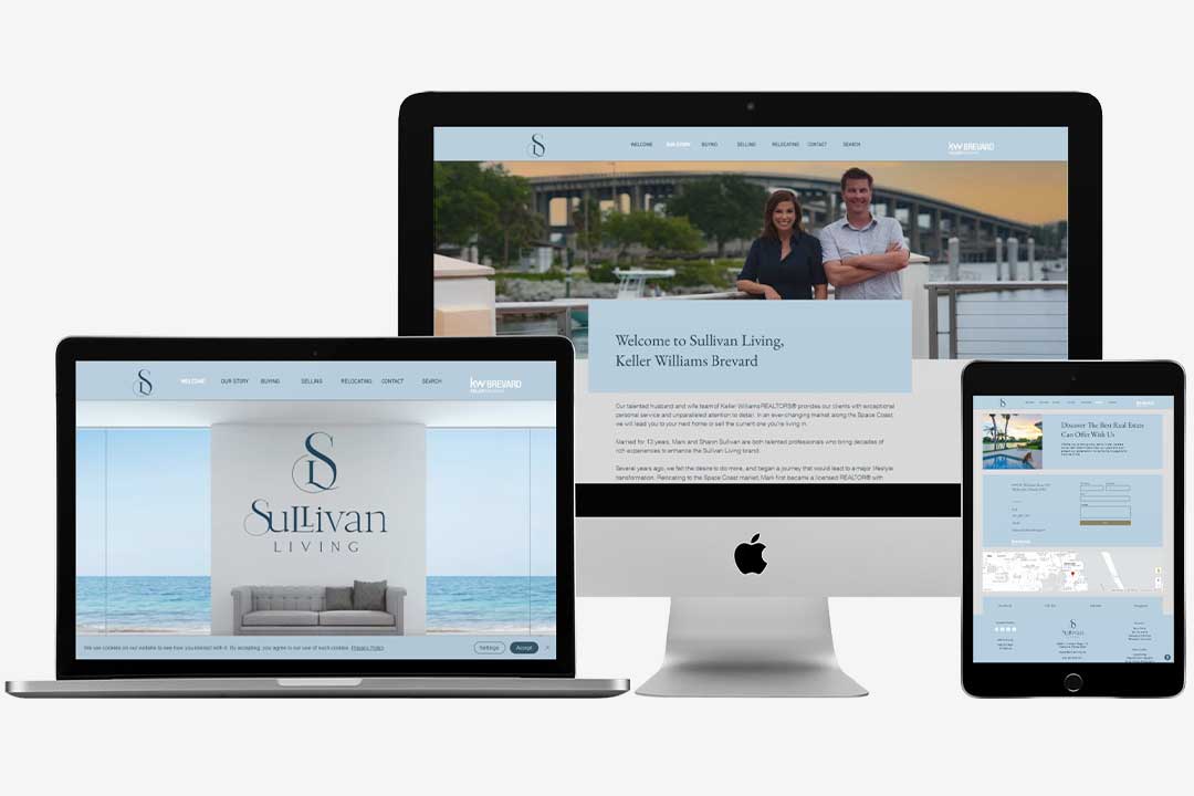 A responsive website layout for sullivan living on laptop, desktop, and tablet, with a homepage featuring a welcome message and serene coastal imagery.