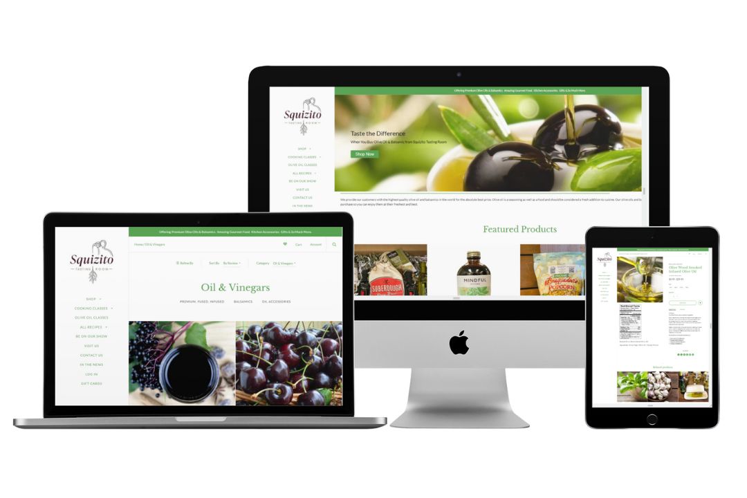 This image showcases the squizito tasting room's e-commerce website, optimized for seamless navigation and visual appeal across various devices. The website features high-quality images of products, including extra virgin olive oils and specialty balsamics, displayed on a laptop, desktop, and tablet screen. The homepage includes sections for product categories like "oil & vinegars" and "featured products," with an emphasis on the brand’s commitment to quality