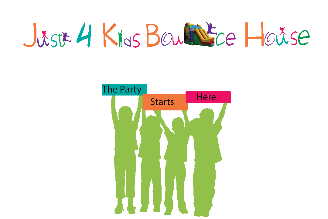 A vibrant logo for "just 4 kids bounce house" featuring colorful text and a playful bounce house graphic. Beneath the logo, silhouettes of children hold signs reading "the party starts here," emphasizing a fun and inviting message for the brand.