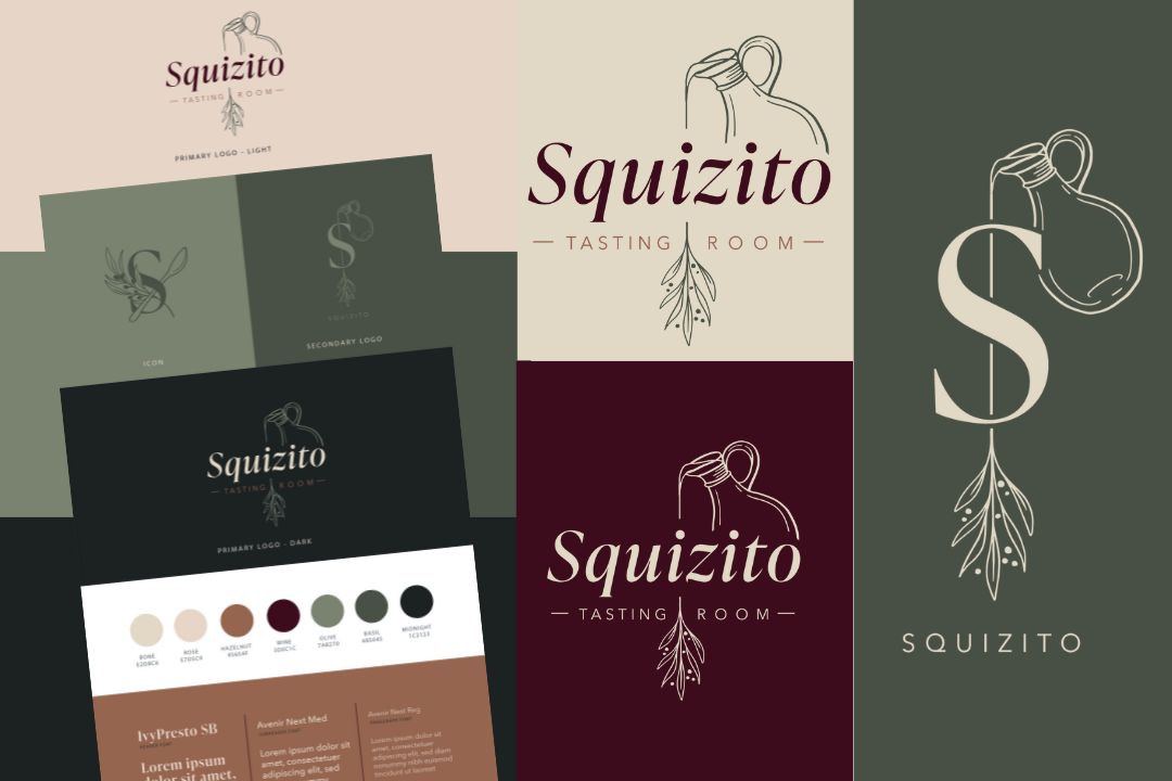 A sophisticated brand identity display for squizito tasting room, featuring the primary and secondary logos, color palette, and typography choices. The design emphasizes an upscale, natural aesthetic with olive and wine tones, paired with a minimalist and elegant line illustration of an olive oil pourer, reflecting the brand’s focus on artisanal olive oils and gourmet products.