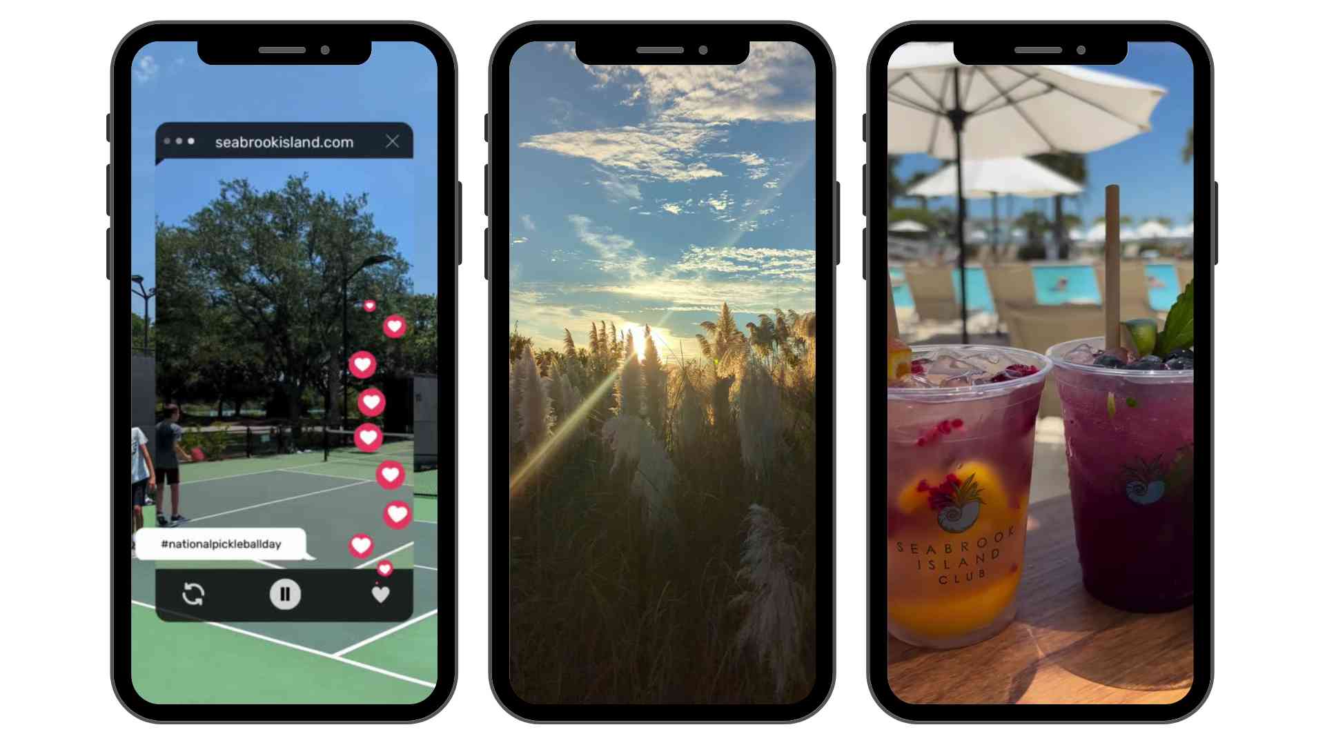 Social media highlights of seabrook island, showcasing national pickleball day, a scenic sunset over marshlands, and refreshing cocktails by the seabrook island club pool. A glimpse into seabrook island's lifestyle and community engagement.