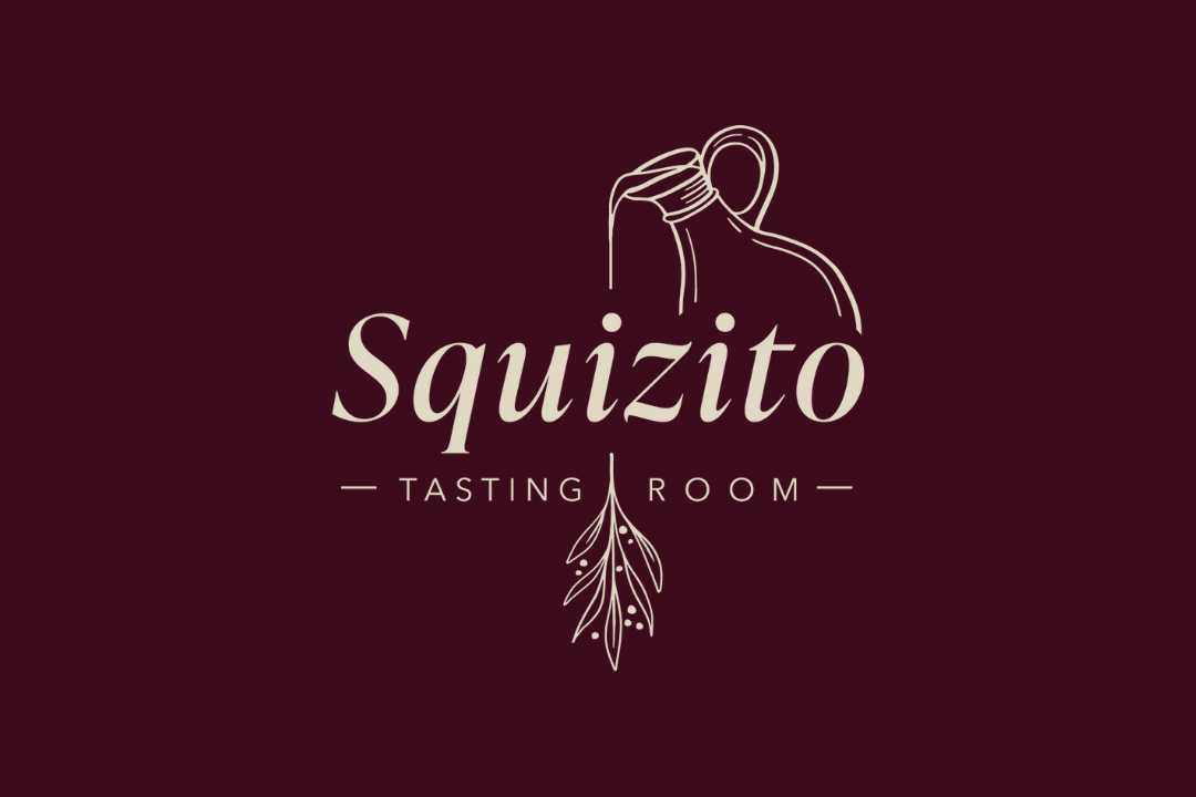 A sophisticated brand identity display for squizito tasting room, featuring the primary and secondary logos, color palette, and typography choices. The design emphasizes an upscale, natural aesthetic with olive and wine tones, paired with a minimalist and elegant line illustration of an olive oil pourer, reflecting the brand’s focus on artisanal olive oils and gourmet products.